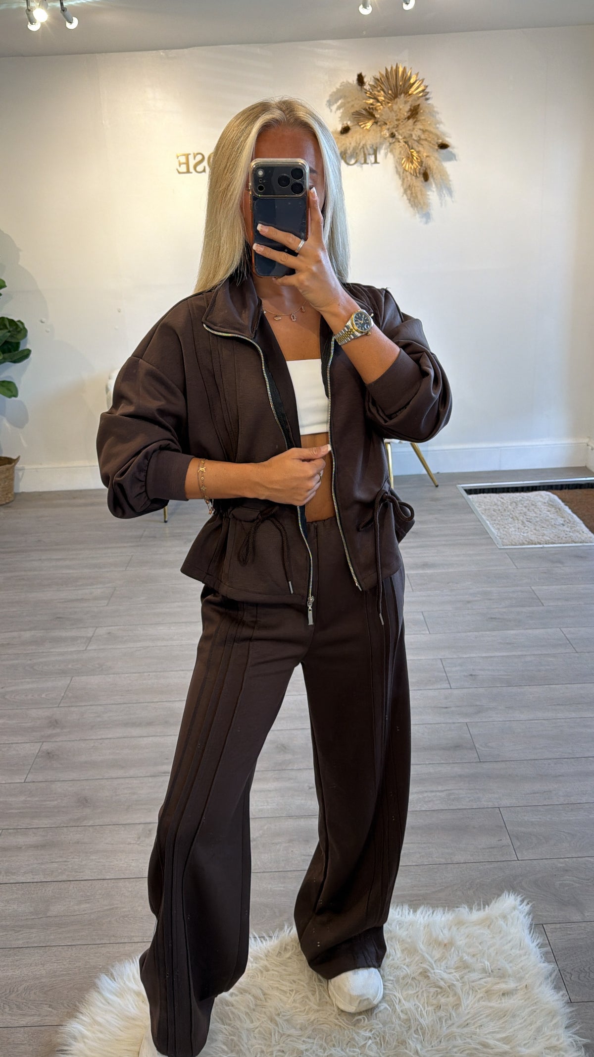 Tie up zip up jacket and trouser loungewear set chocolate