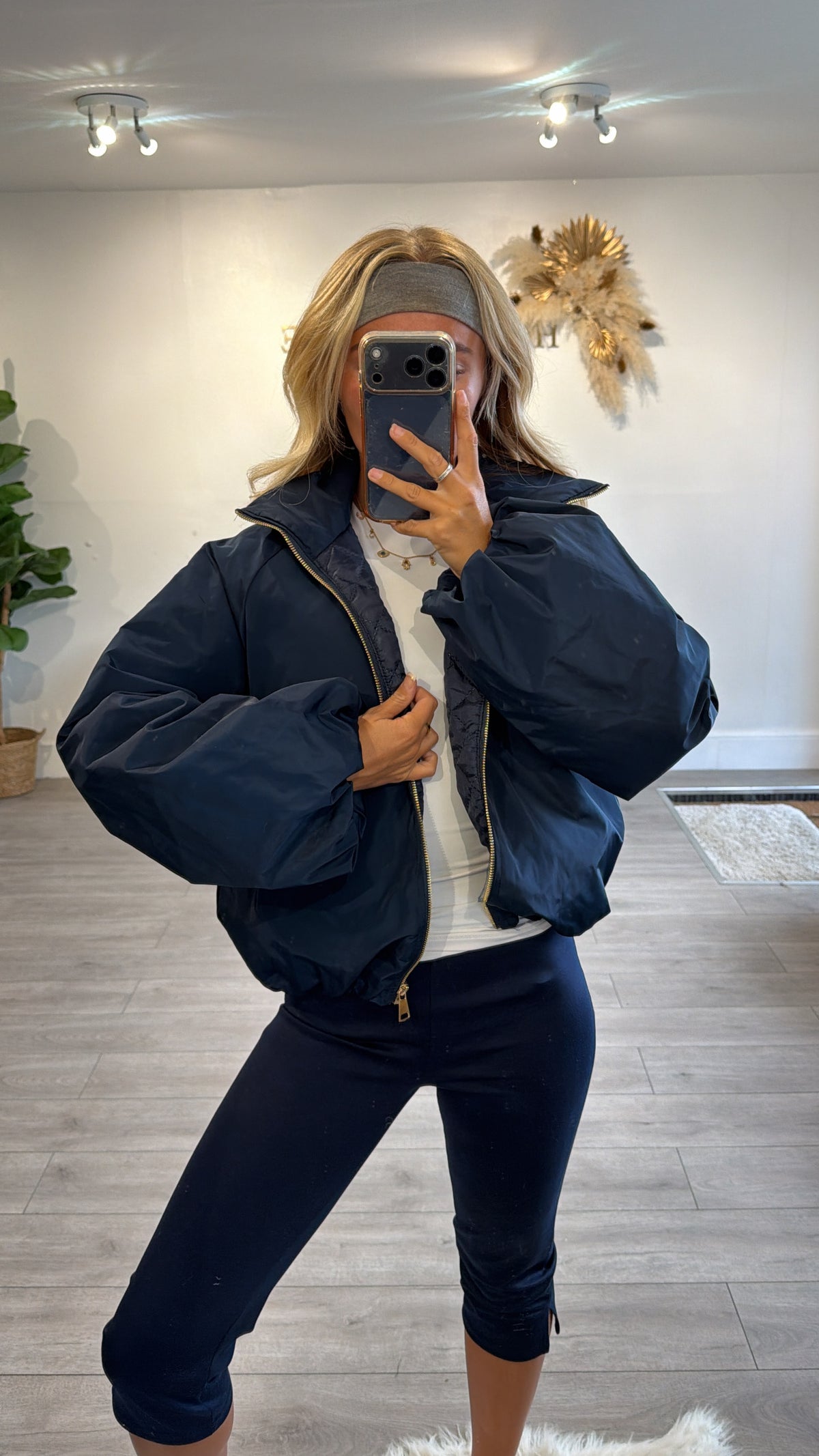 Gold zip up puffer bomber jacket navy
