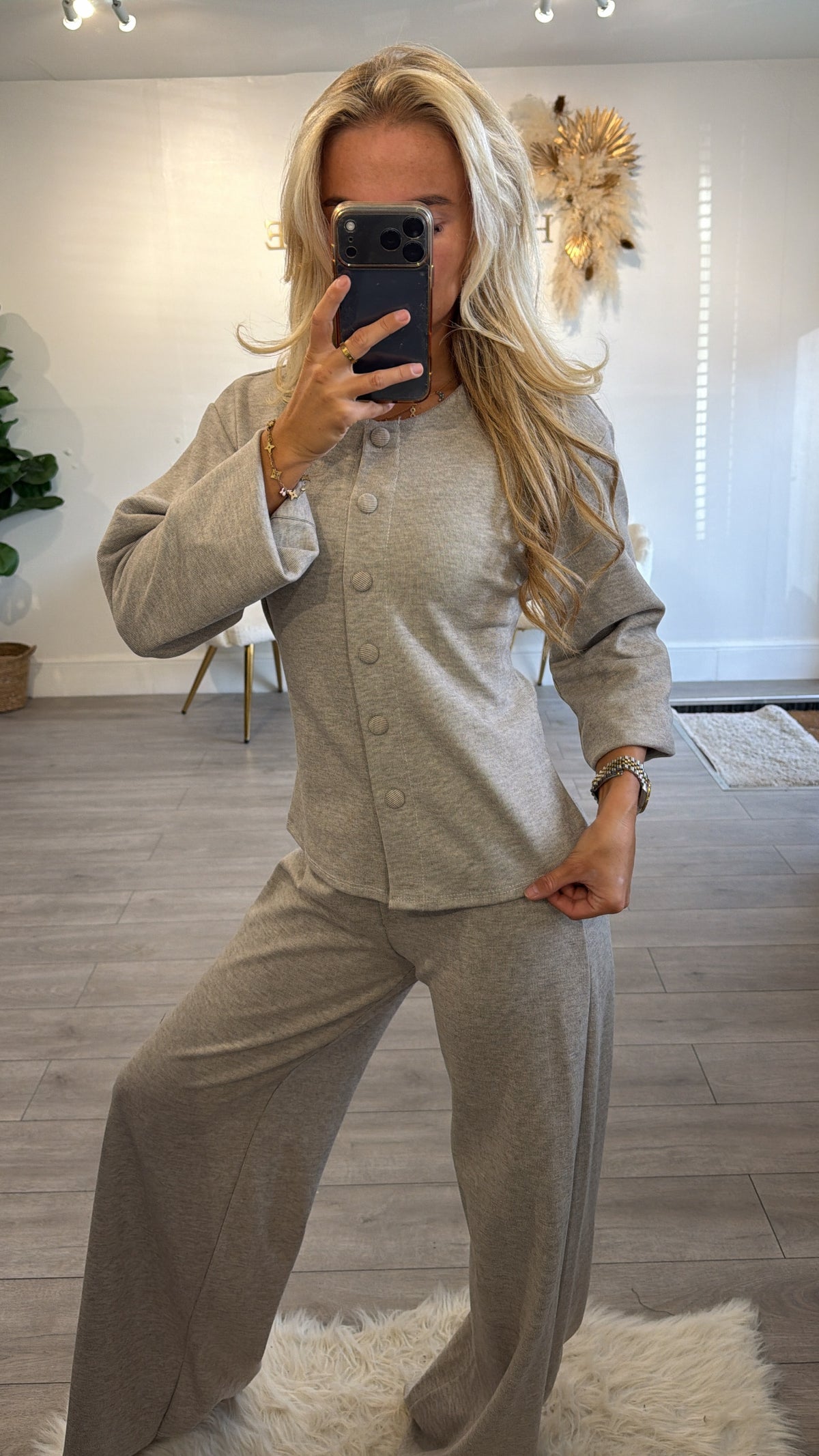 Button up front loungewear coord set taupe