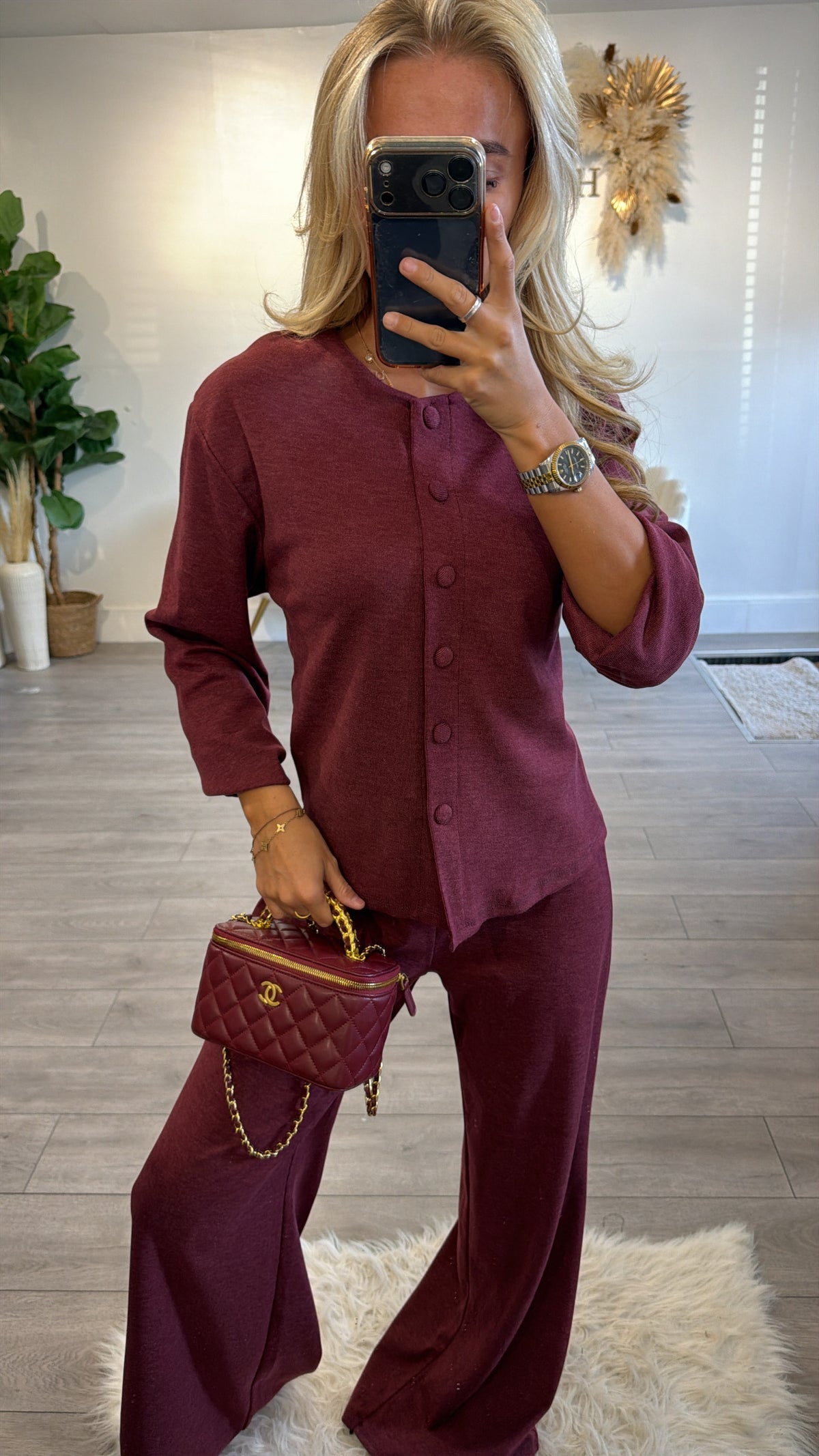 Button up front loungewear coord set burgundy