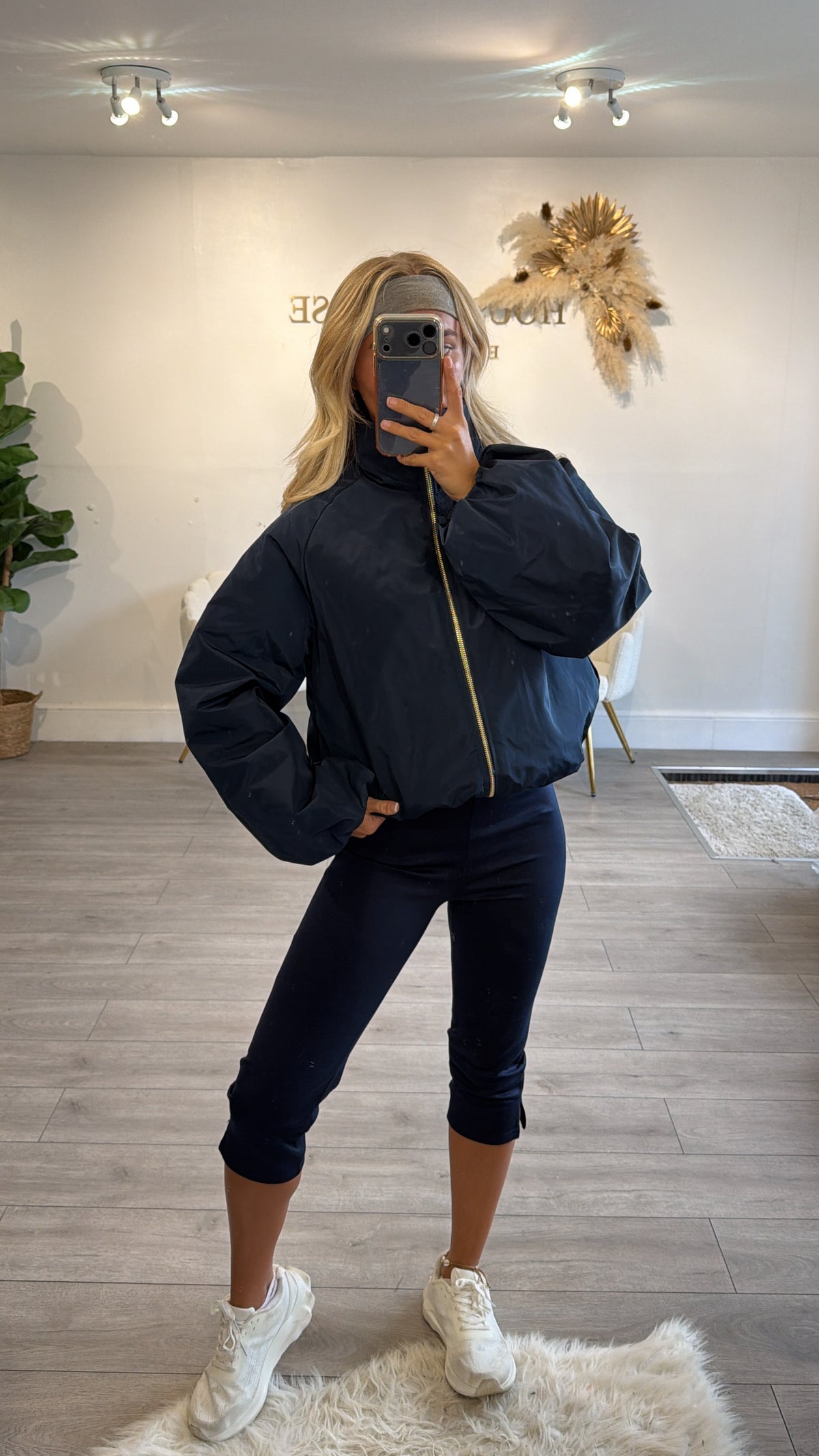 Gold zip up puffer bomber jacket navy
