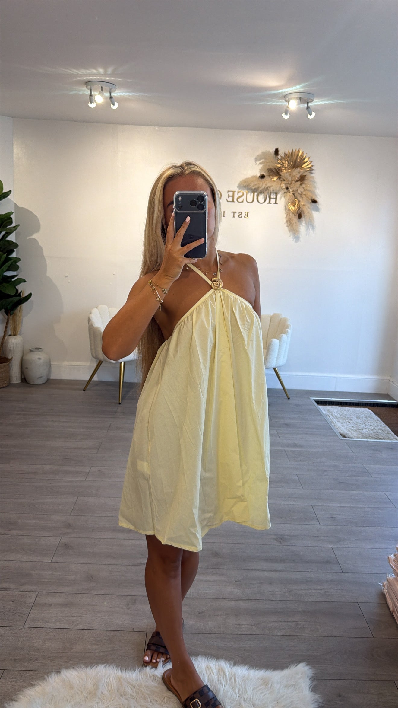 Shell tie up neck dress yellow