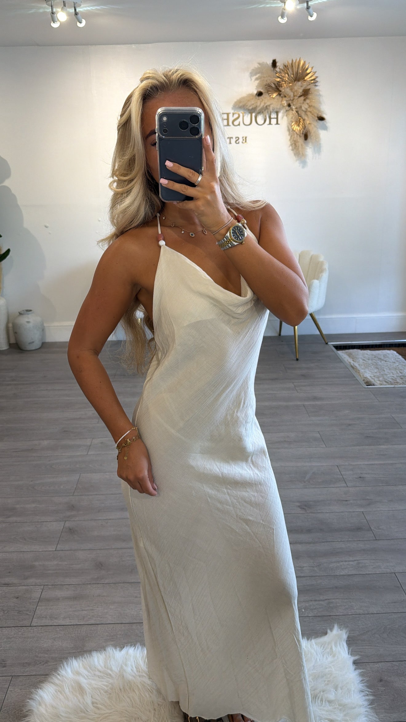 Beaded backless maxi dresses beige