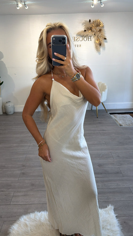 Beaded backless maxi dresses beige