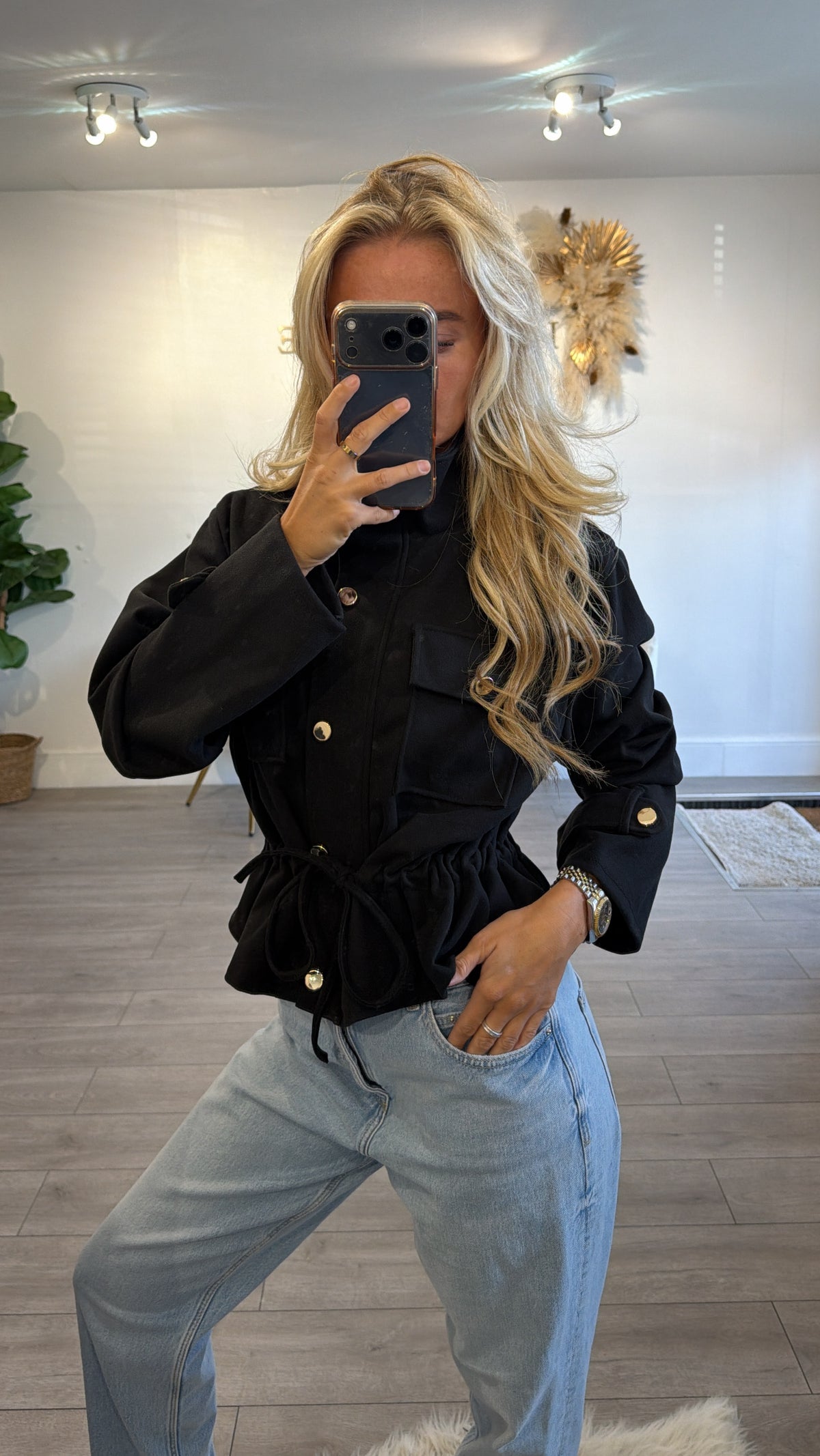 Cinched waist gold button jacket black