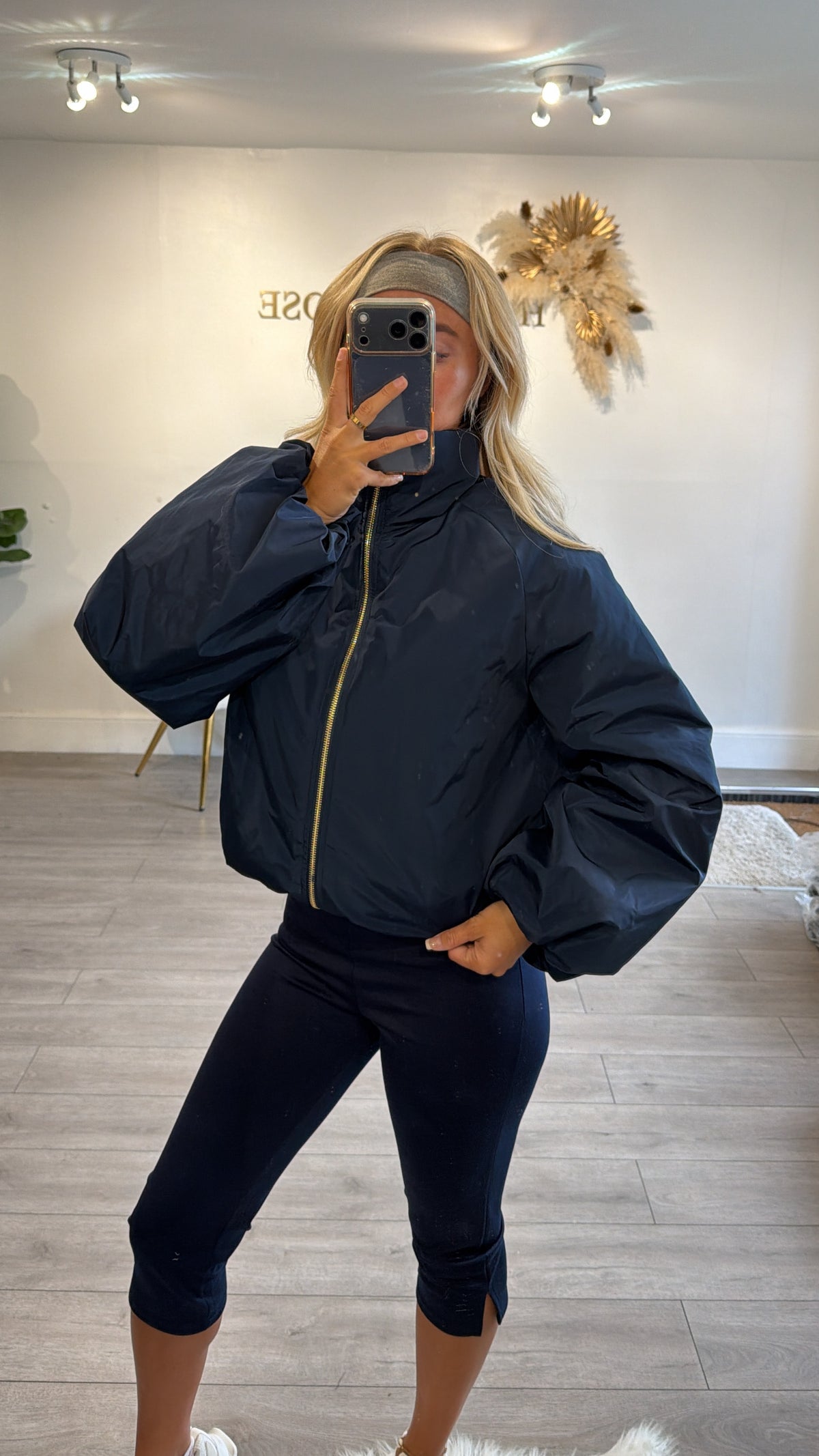 Gold zip up puffer bomber jacket navy