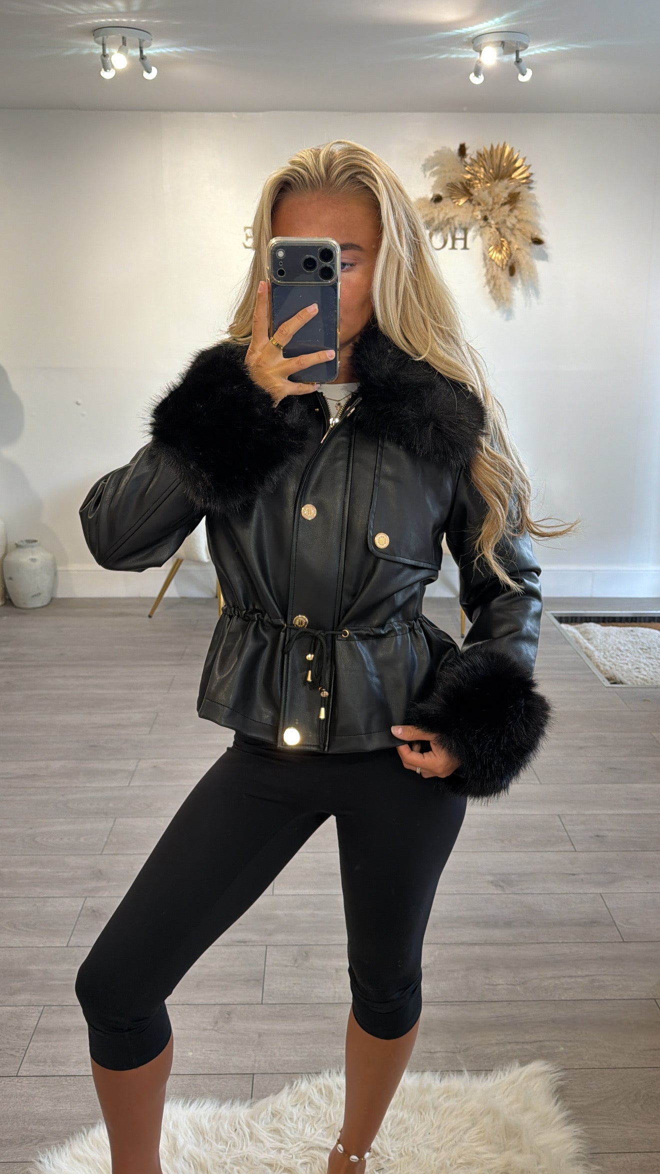 Faux leather jacket with faux fur trims black