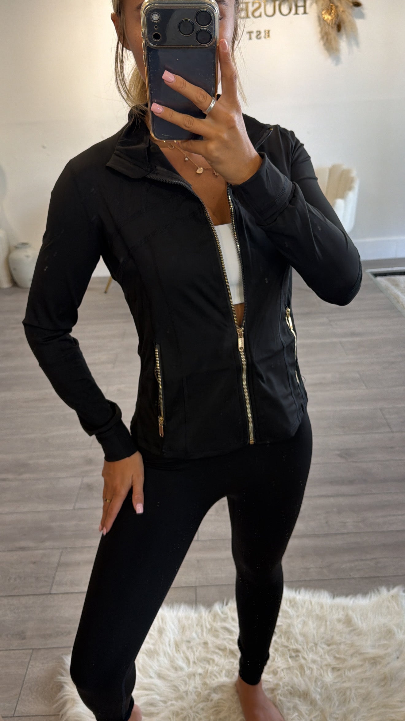 Gold zip up gym jacket and leggings set black