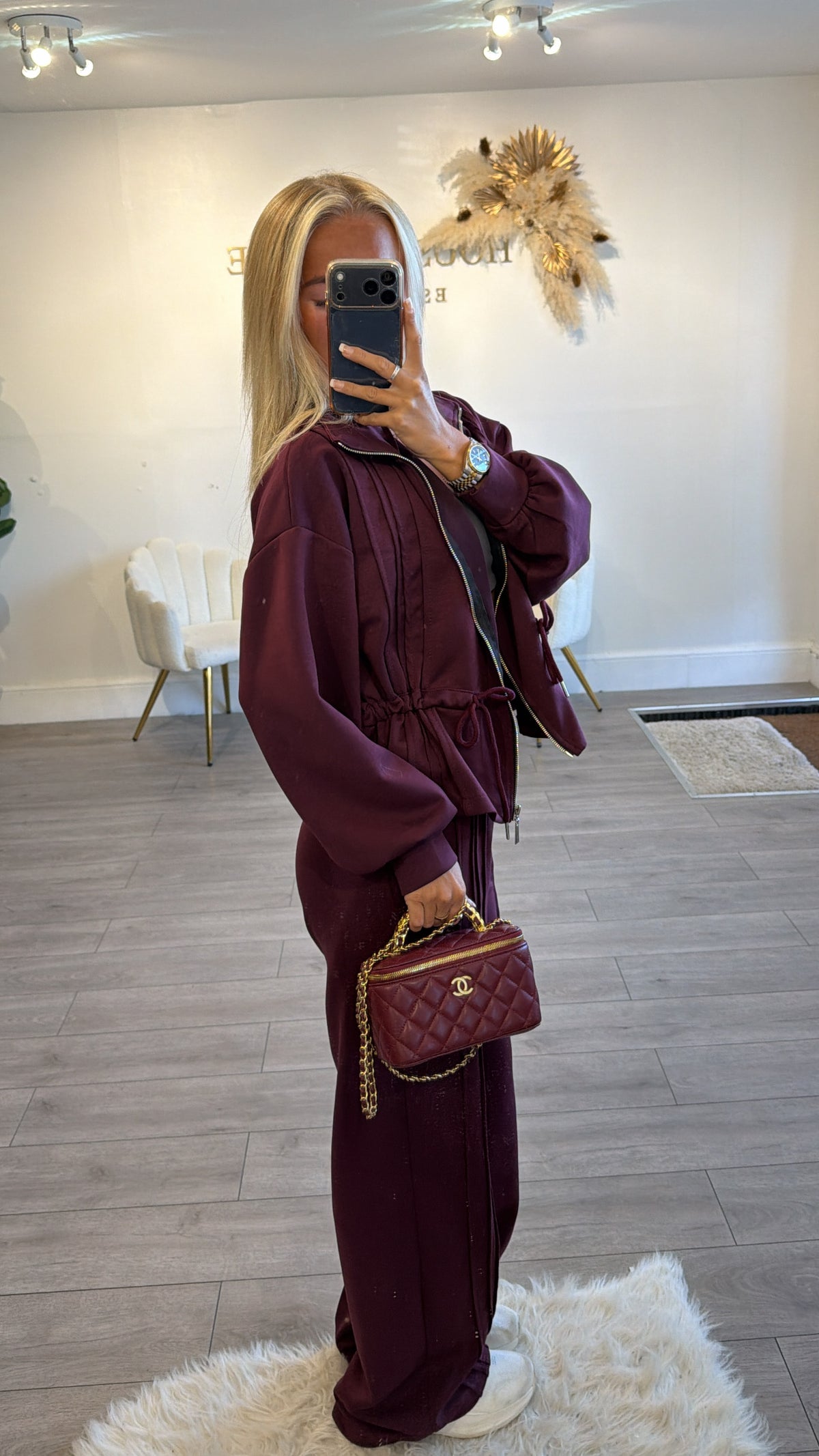 Tie up zip up jacket and trouser loungewear set burgundy