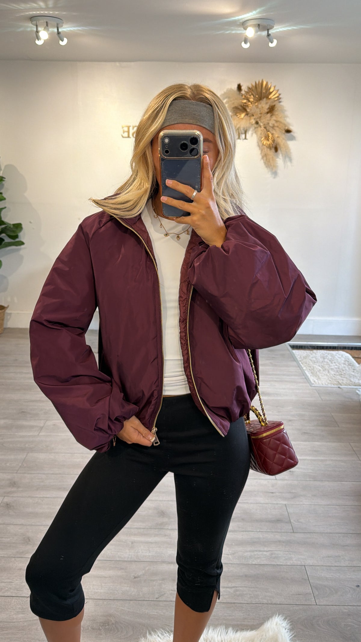 Gold zip up puffer bomber jacket burgundy