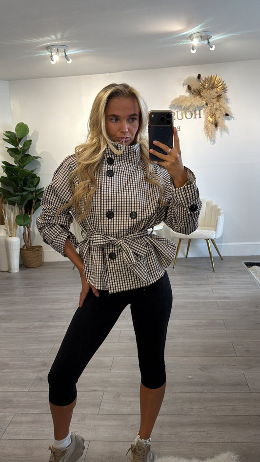 Checkered tie up waist trench coat brown